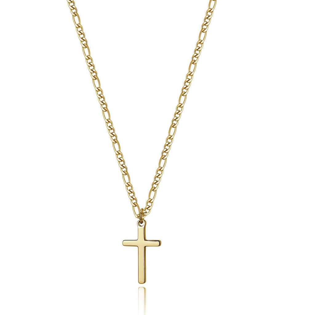 14K Gold Filled Cross Necklace for Men Figaro Chain Stainless Steel Plain Polished Cross Pendant Necklace Simple Faith Jewelry Gift for Women