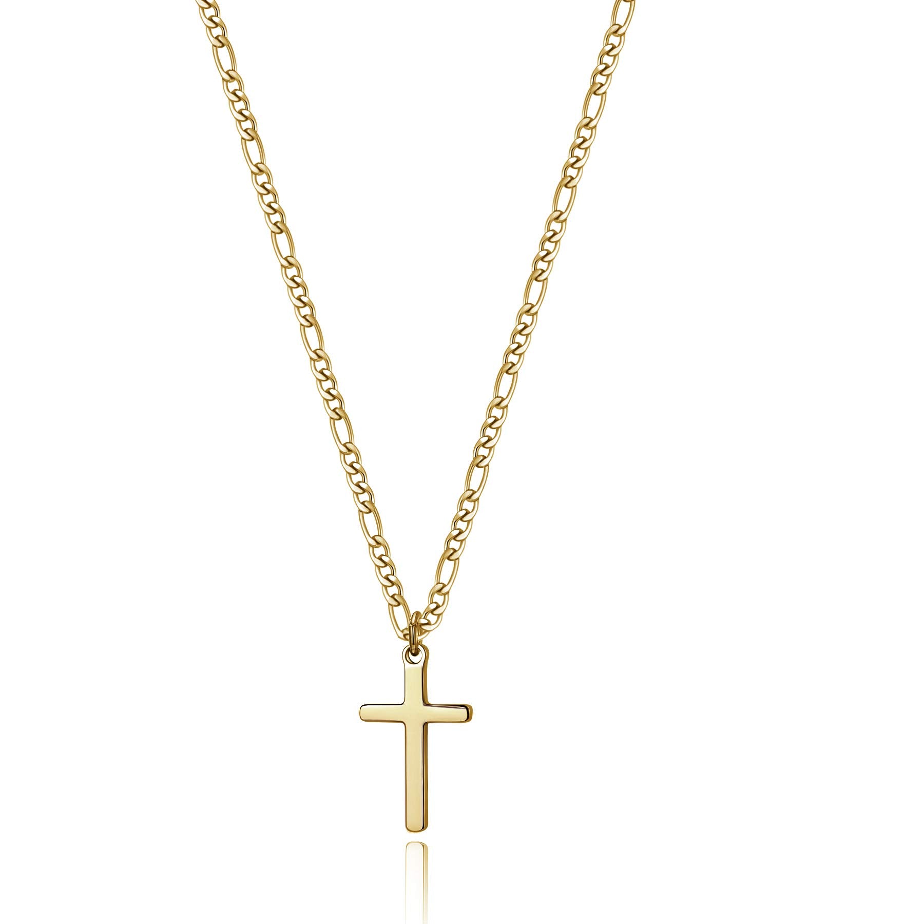 14K Gold Filled Cross Necklace for Men Figaro Chain Stainless Steel Plain Polished Cross Pendant Necklace Simple Faith Jewelry Gift for Women