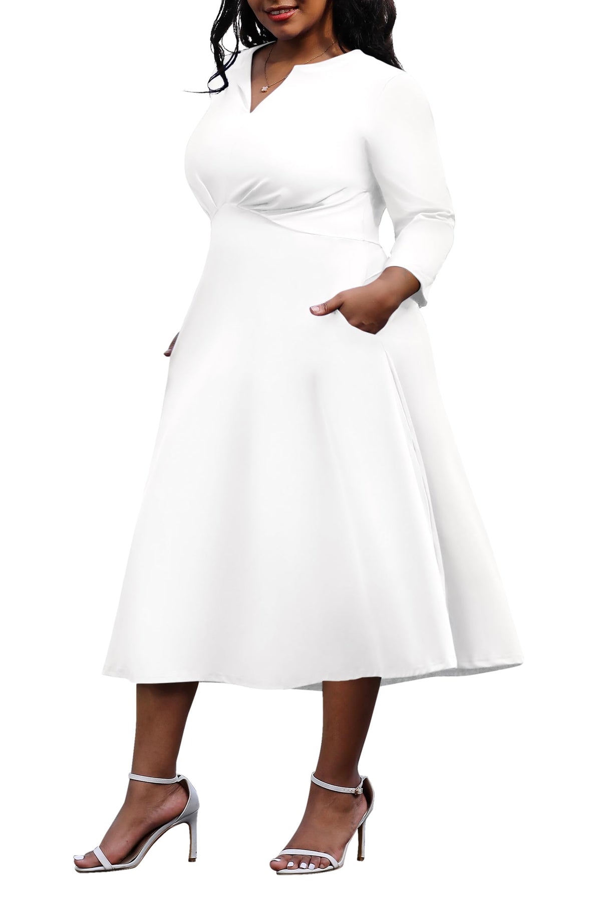 Nmoder Women's Plus Size Stretchy Flared Wrap Dress Casuel Wedding Guest Cocktail Work Midi Dresses V Neck 3/4 Sleeve A-Line Swing White 2XL