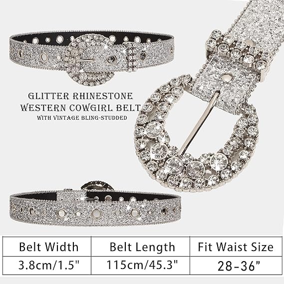 Mealah Women's Rhinestone Western-Belt Bling-Cowboy-Belt - Sparkly-Diamond Buckle Cowgirl-Belts Glitter-Belt for 28-38''