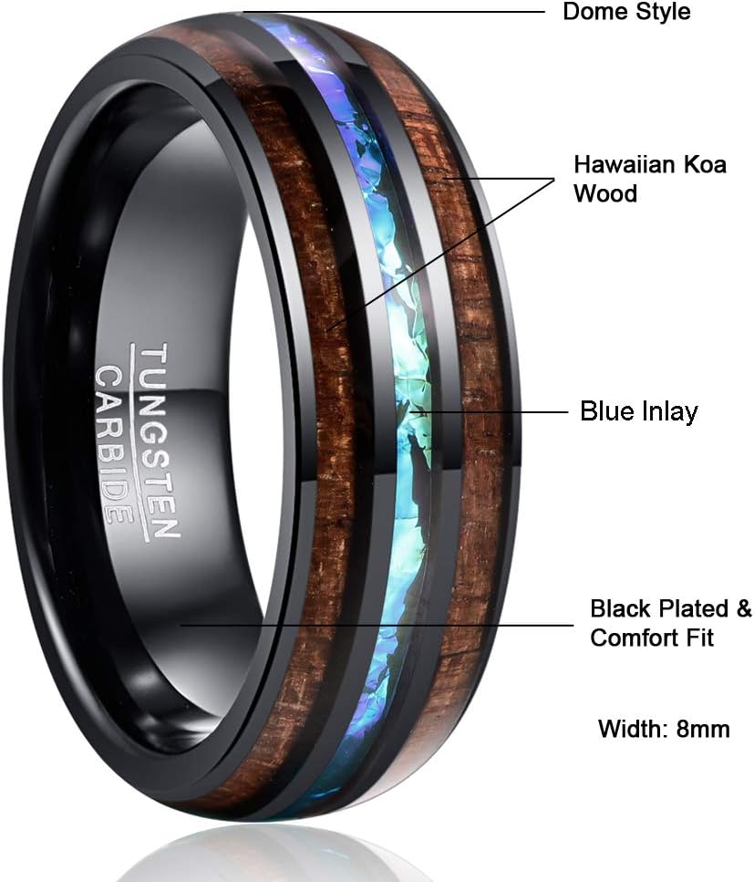 Vakki 6mm/8mm Tungsten Rings for Men Hawaiian Koa Wood Inlay Dome Abalone Shell/Blue Center Wedding Bands Comfort Fit Size 4 to 17