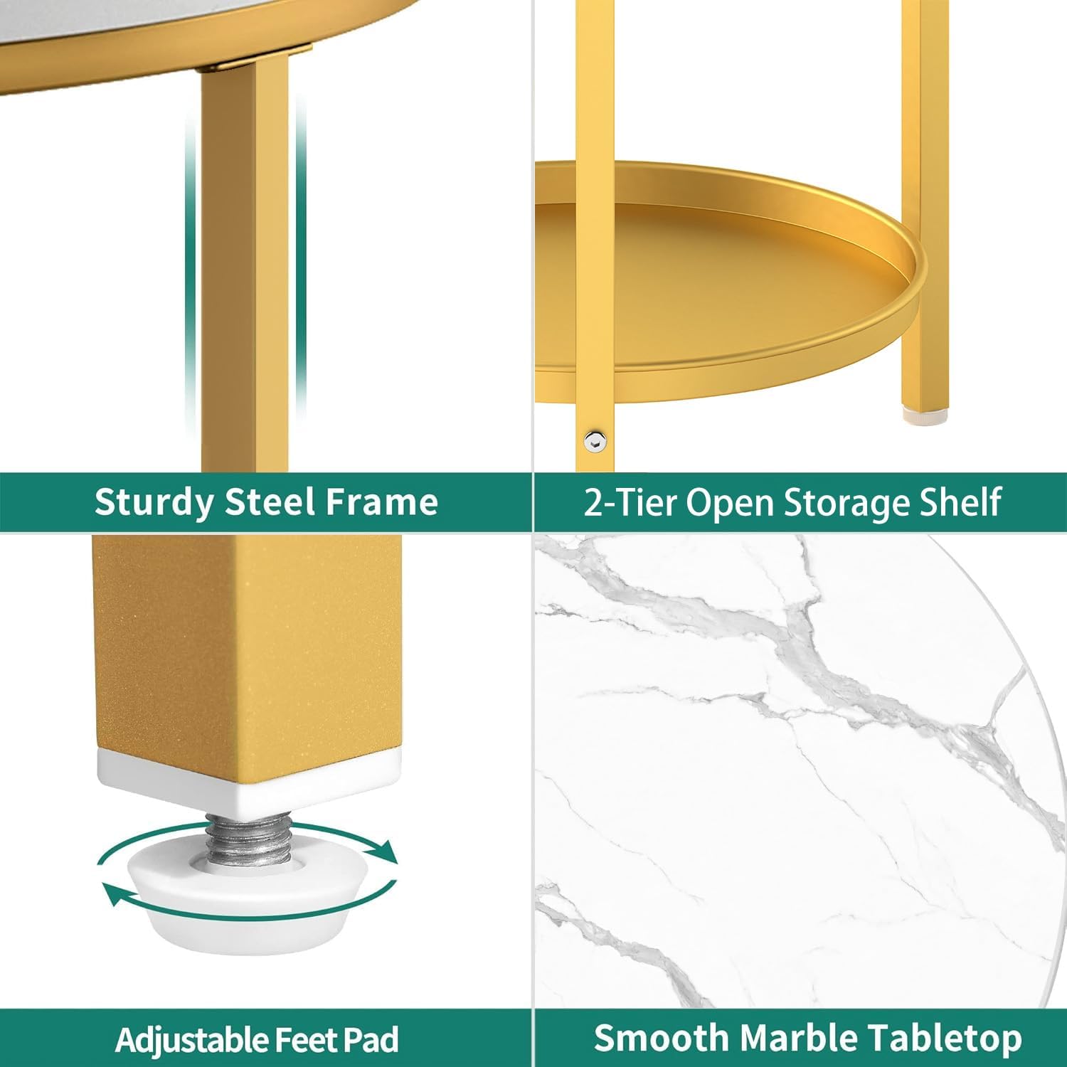 Nesting Coffee Table Set of 2,23.6" Modern Round Coffee Table with Gold Metal Frame,White Nesting Circle Patio Coffee Table Set of 2 for Living Room Garden Bedroom (White)