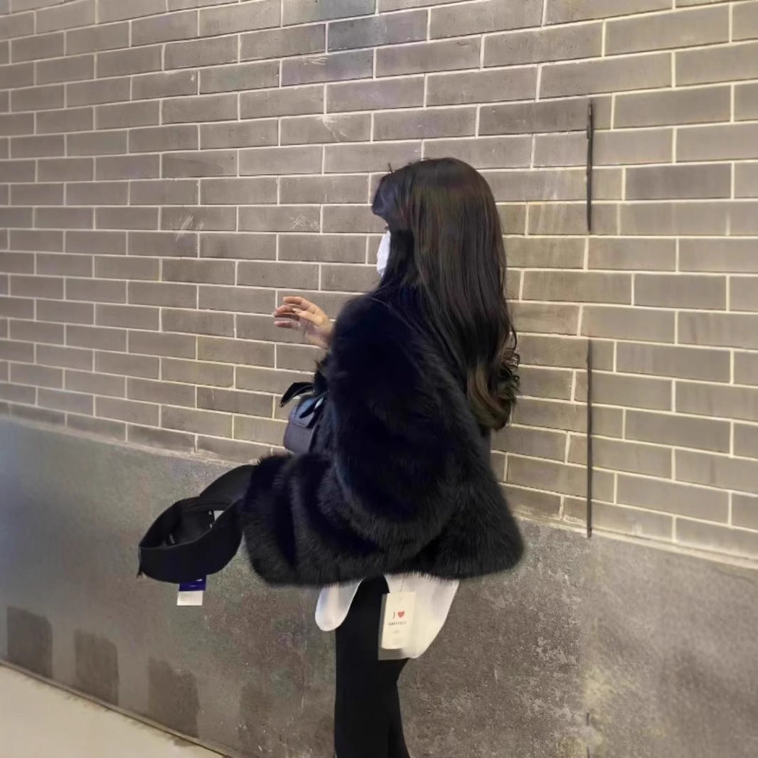 Black Faux Fox Fur Plush Green Fur Coat