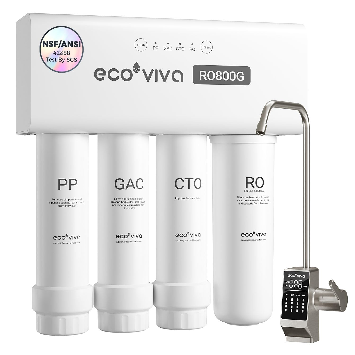Ecoviva 1000GPD UnderSink Reverse Osmosis Water Filter RO Tankless Filtration System, Alkaline Water pH+, 8-Stage Filtration, Meet NSF/ANSI 58 Standard, 3:1 Pure-to-Drain Filter, With LED Smart Faucet