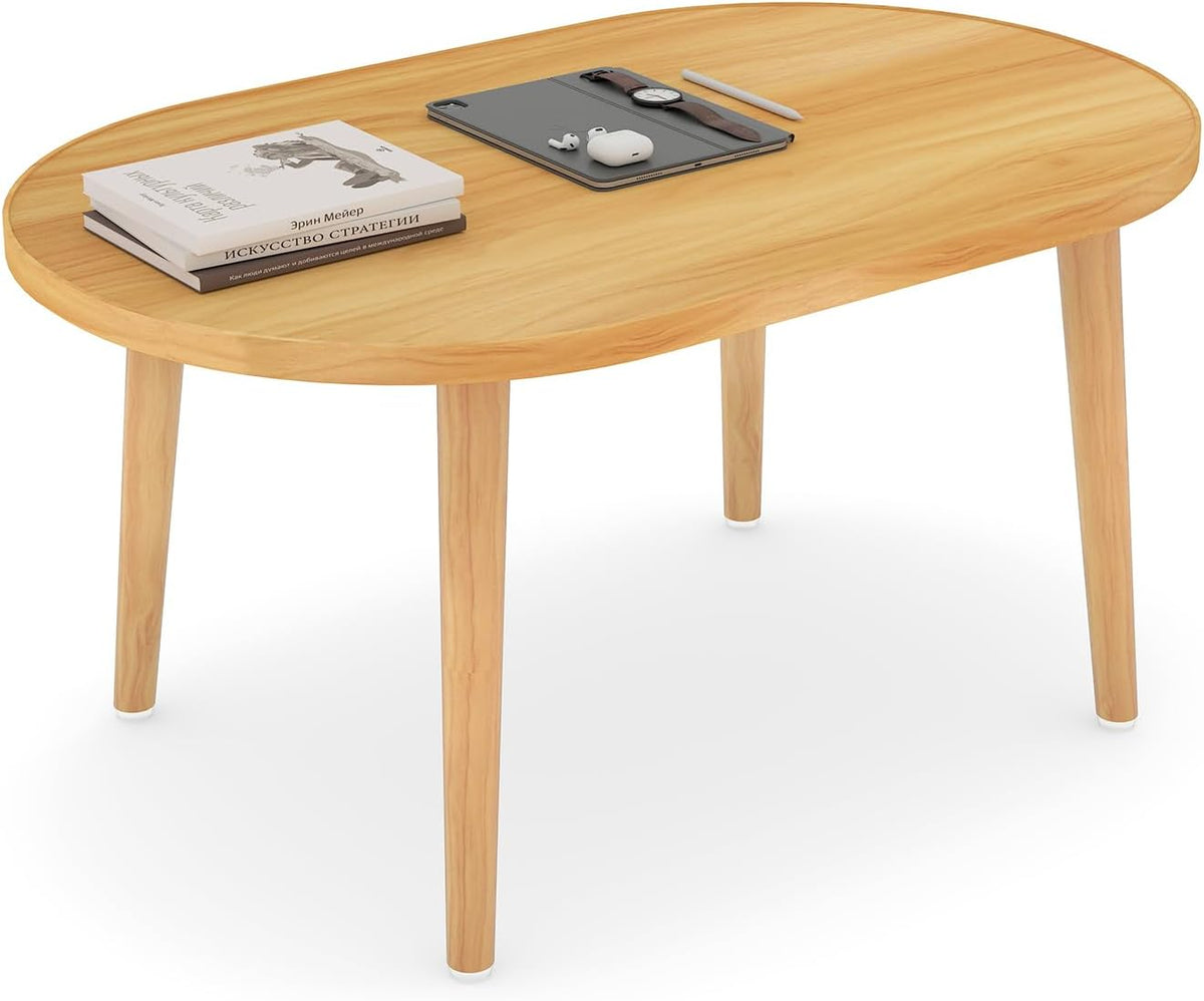 Oval Coffee Table Low Table with 4 Solid Wood Sturdy Legs, Floor Table Desk for Sitting on The Floor, Storage and Living Room Furniture (Natural)
