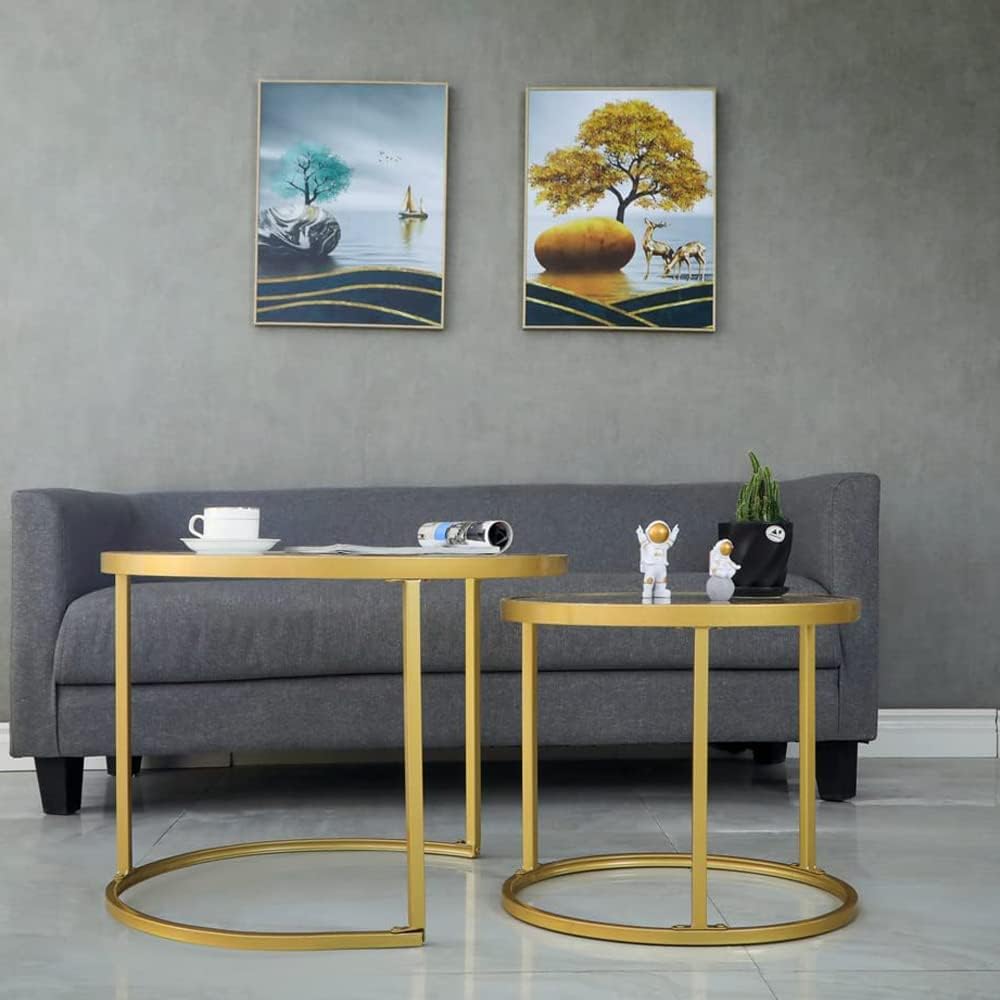 Gold Nesting Coffee Table Set of 2, Small Glass Nesting Tables for Living Room Bedroom, Accent Tea Table with Metal Frame
