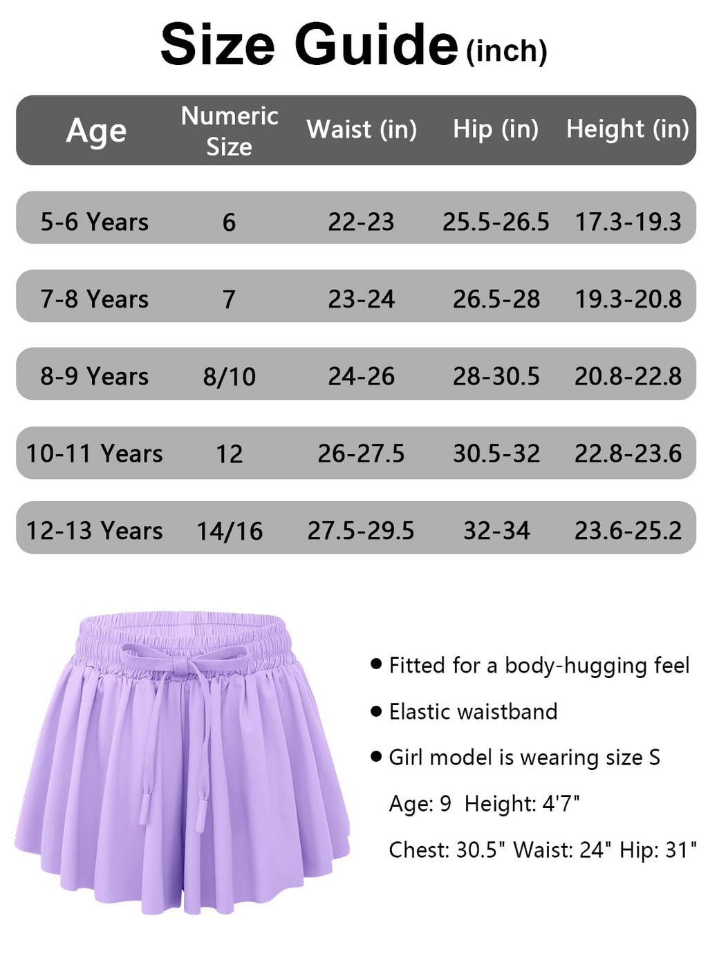 Schmetterlings-Shorts Mädchen Süß Lila mit Tasche Schnell trocknend Athletisch Fließende Röcke für Cheer, Laufen, Fitness Mädchen Shorts Größe 10-12