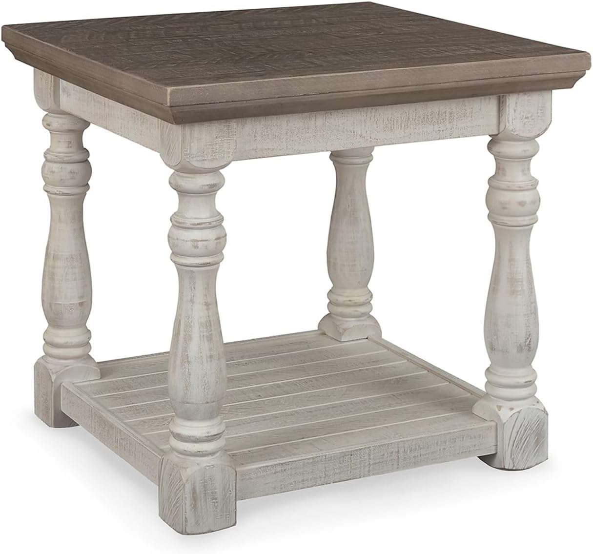 Signature Design by Ashley Havalance Farmhouse Square End Table with Floor Shelf, Vintage Gray & White with Weathered Finish