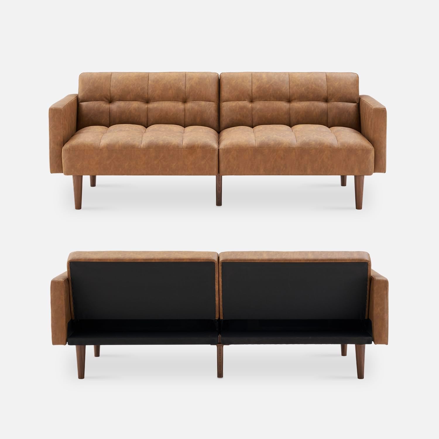 mopio Aaron 76.8" Couch, Small Futon Sofa Bed, Sleeper, Loveseat, Mid Century Modern Futon Couch, Sofa Cama, Couches for Living Room, Bedroom (Pecan Brown, Faux Leather)