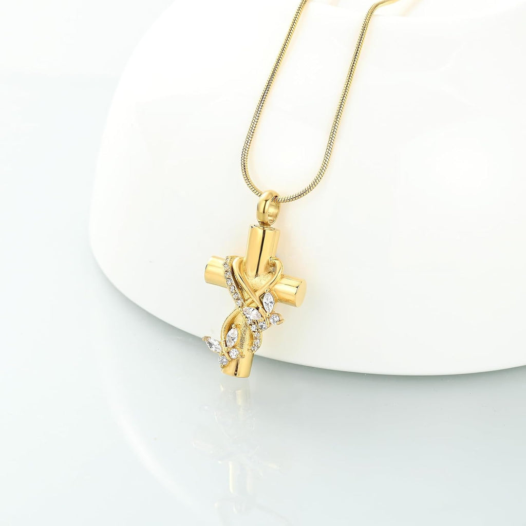 Imrsanl Butterfly Cross Urn Necklace for Ashes Men Women Cremation Jewelry Ashes Pendant for Human Memorial Ash Jewelry
