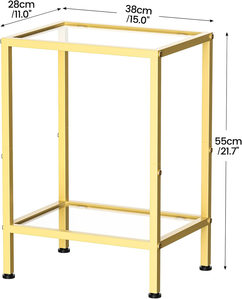 Gold Side Table, Tempered Glass End Table, 2-Tier Nightstands with Open Shelves, Small Coffee Table with Modern Style, Accent Table Small Table Sofa Table for Living Room, Bedroom