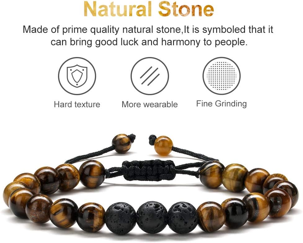 M MOOHAM Natural Stone Bracelets for Men - 8mm Tiger Eye, Matte Agate, Lava Rock - Teen Boys Gifts for Birthday, Anniversary, Christmas