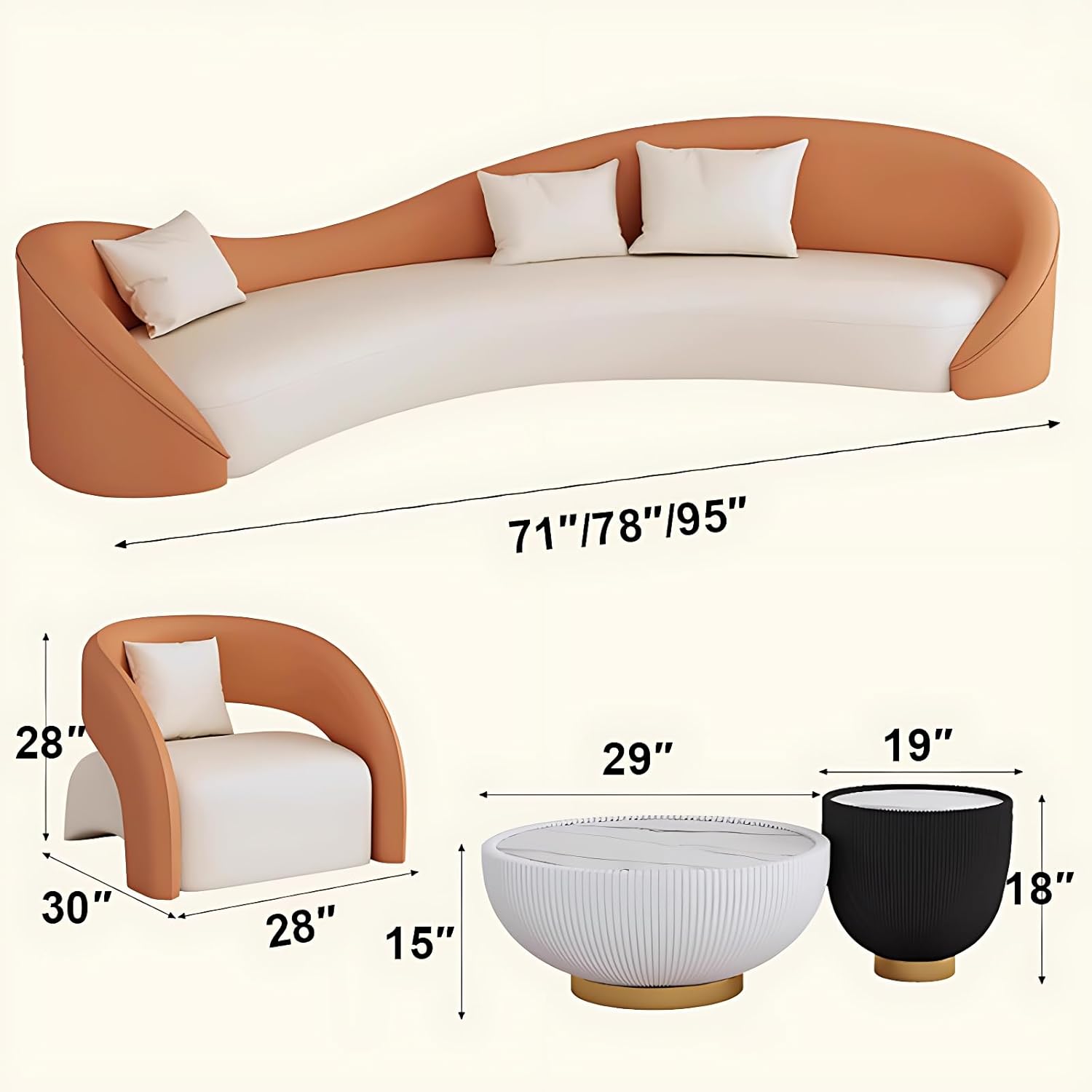 Couch Sets - Modern Curved Sectional Sofa Set with Chair, Stylish Sectional Couches with Coffee Table for Living Room, Office, Lounge, and Reception Areas (Orange Sofa-2 Sofa Chair, 78IN)