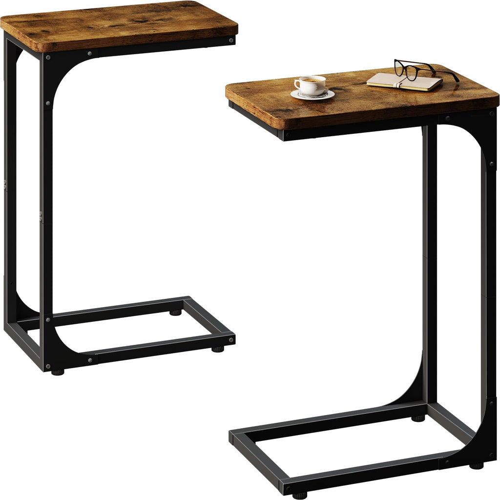 QEEIG C Shaped Side Table Set of 2 Living Room Sets Couch Tray Tables Small Farmhouse 11.8 inch Width, Rustic Brown (017A-30BN)