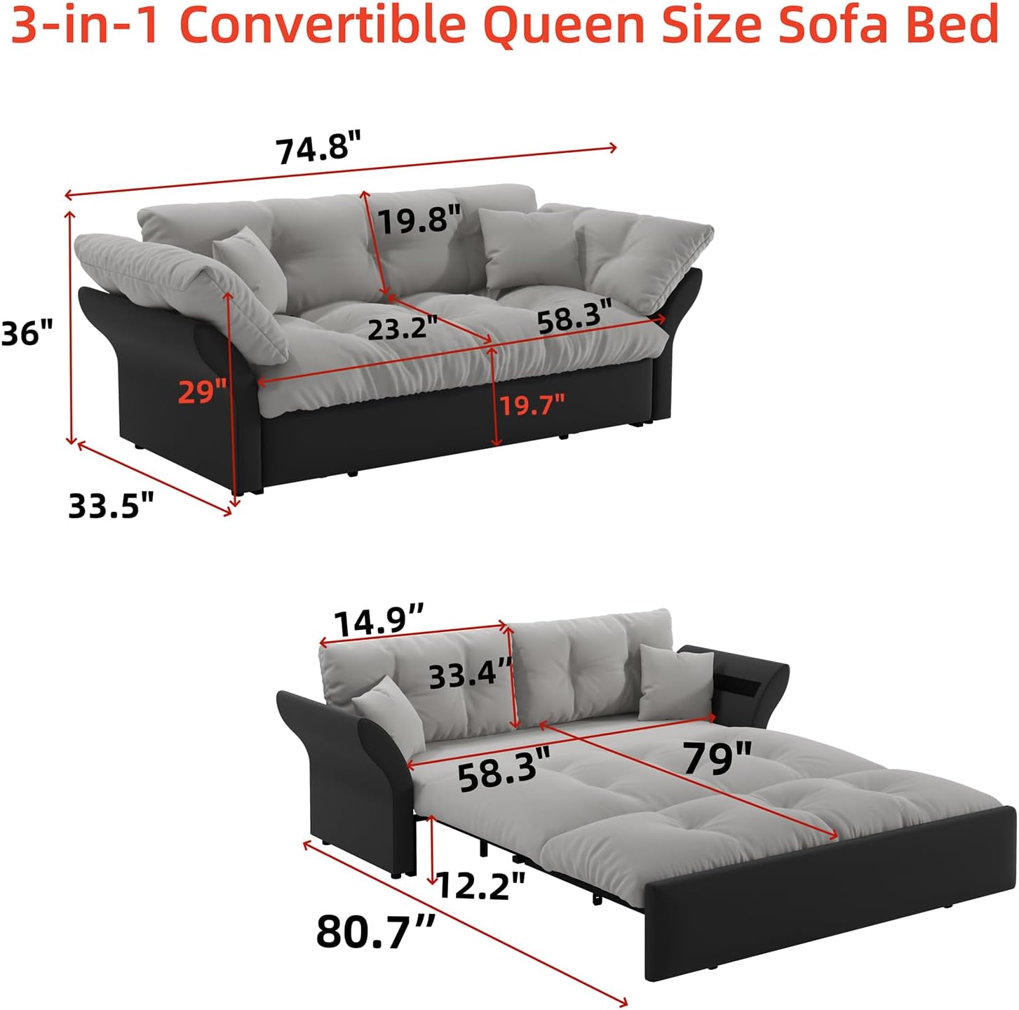 74.8" Queen Pull Out Sofa Bed, Luxury Velvet Convertible Sleeper Couch Futon, Comfy Cloud Pullout Couches,Loveseat Recliner for Living Room Office RV Small Places (Grey, 74.8'')