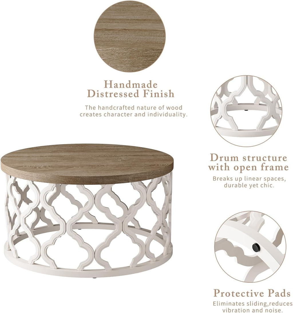 karlott Farmhouse Coffee Table, French Country Round Coffee Table, Distressed Wood Top with Curved Motif Frame Base for Boho, Living Room