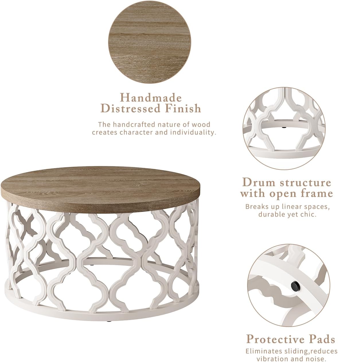 karlott Farmhouse Coffee Table, French Country Round Coffee Table, Distressed Wood Top with Curved Motif Frame Base for Boho, Living Room