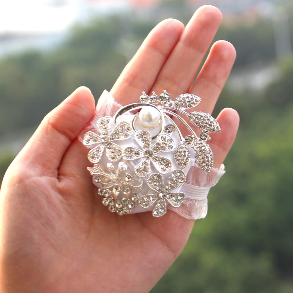 ست مچ‌بند وانلیان با مروارید و نگین، ست گل سینه و گل یقه برای عروسی، مهمانی فارغ‌التحصیلی، مهمانی (نقره‌ای سفید، ۲ قطعه)