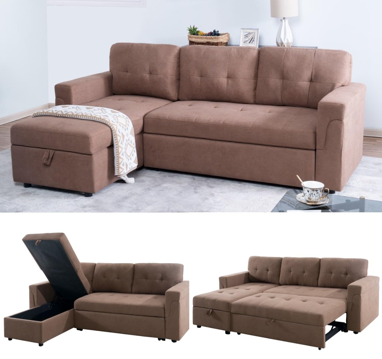 Naomi Home Transform Any Space: Sleeper Sectional Sofa with Convertible Sofa Bed & Inviting Chaise. Find Tranquil Comfort with Stress-Relieving Design & Durable Cushions - Black/Air Leather