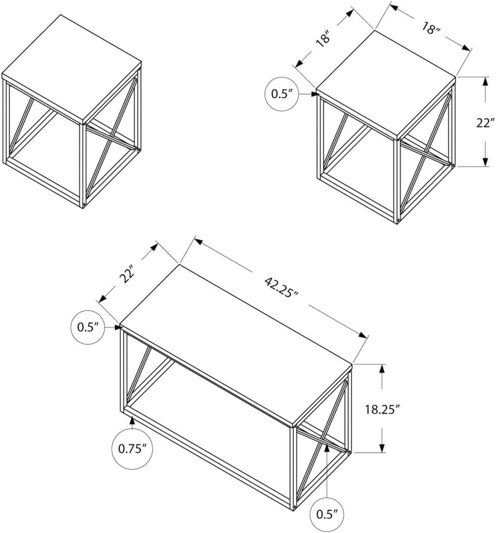 Monarch Specialties I 7953P Table Set, 3pcs Set, Coffee, End, Side, Accent, Living Room, Metal, Laminate, White Marble Look, Grey, Contemporary, Modern