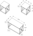 Monarch Specialties I 7953P Table Set, 3pcs Set, Coffee, End, Side, Accent, Living Room, Metal, Laminate, White Marble Look, Grey, Contemporary, Modern