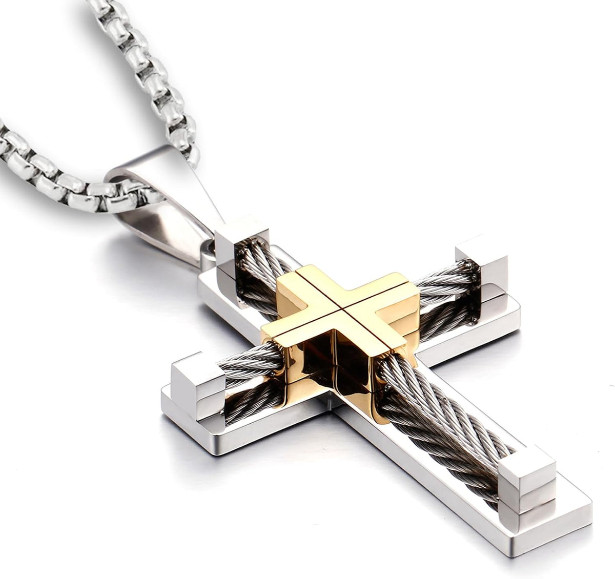 YL Men's Cross Necklace 316L Stainless Steel Large Jesus Christ Pendant Jewelry Rolo Chain for 24''
