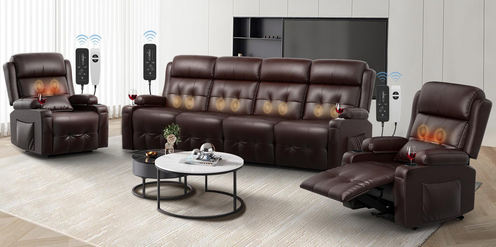 Recliner Sofa, Massage Reclining 3 Seater Sofa Sets Heavy Weight Capacity, RV Loveseat Clearance with Storage, Cup Holders, Wall Hugger Couches for Living Room