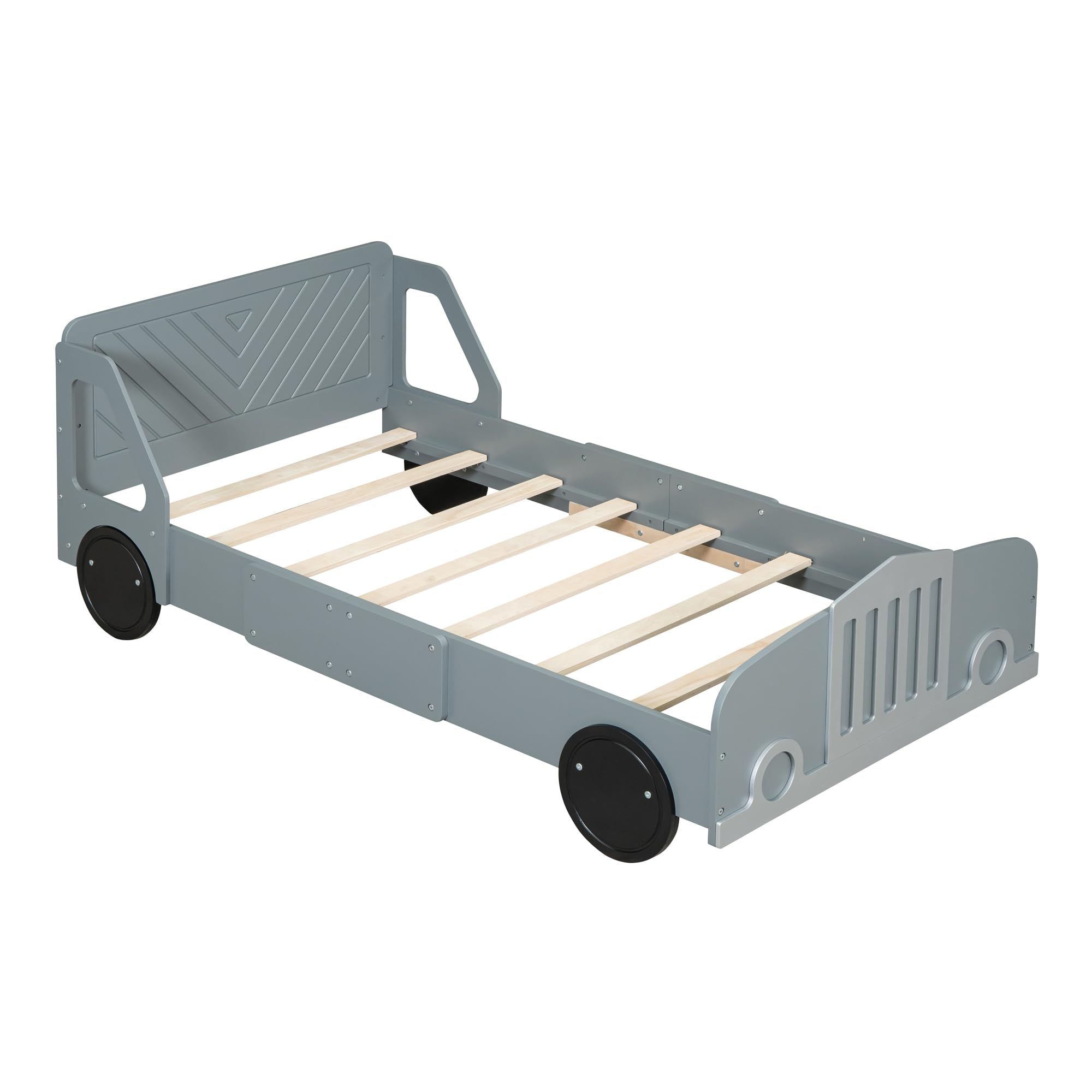 Lit en forme de voiture taille simple Harper & Bright Designs avec roues, lit simple pour enfants avec tête de lit et pied de lit, cadre de lit plateforme en bois taille simple, lit Flash McQueen pour enfants garçons filles (gris)
