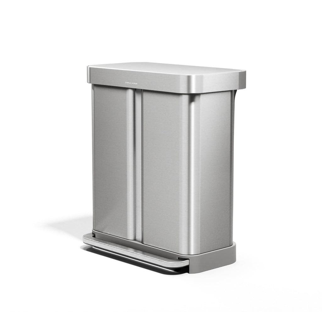 simplehuman 58 Liter / 15.3 Gallon Rectangular Dual Compartment Recycling Step, Brushed Stainless Steel with Soft-Close Plastic Lid Kitchen Trash Can