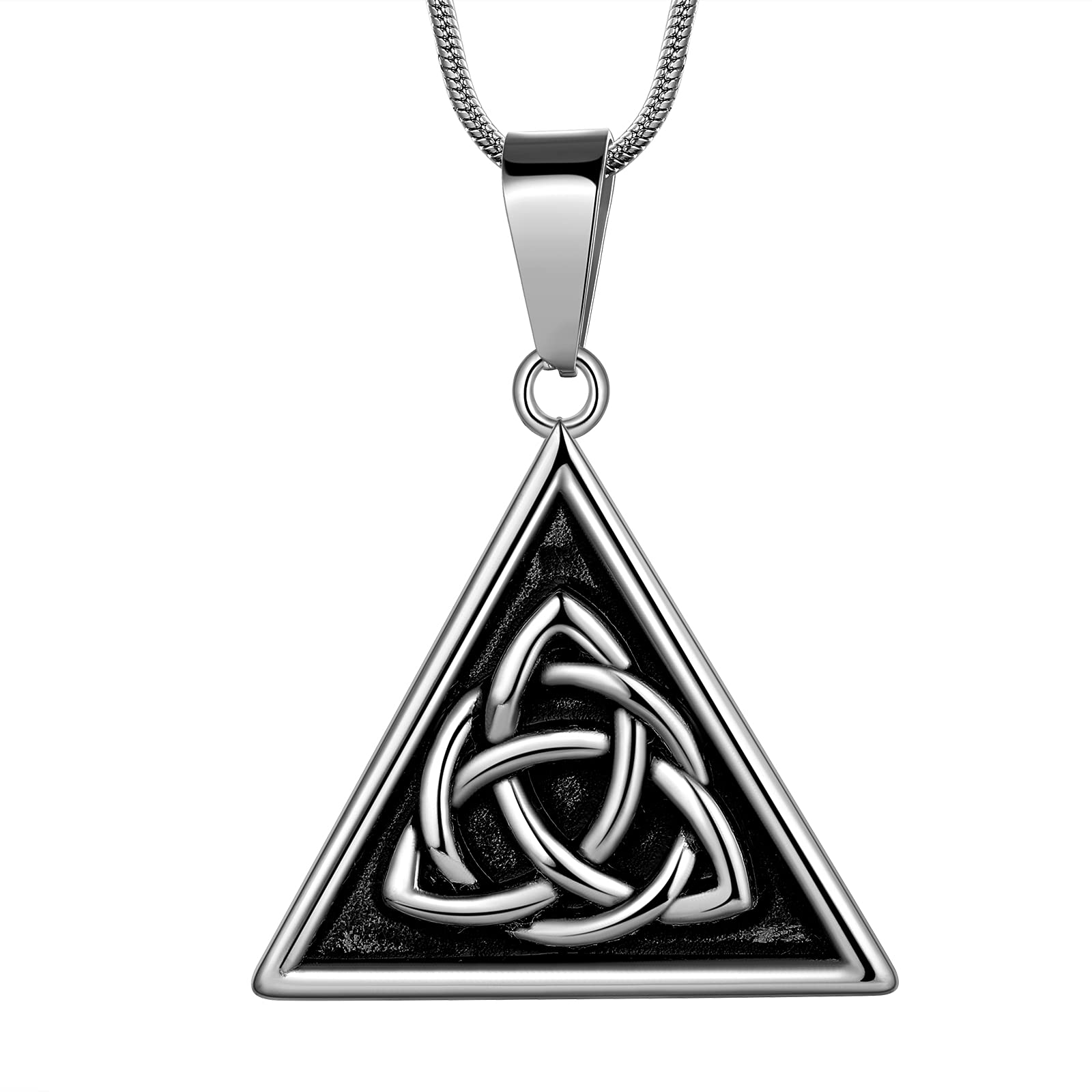 Celtic Knot Necklace Viking Pendant - Celtic Norse Triple Odin Horns Crescent Moon of Oden Horn Necklace Mens 316L Stainless Steel Triskelion Amulet Pewter Tribal Protection Viking Triskele Jewelry