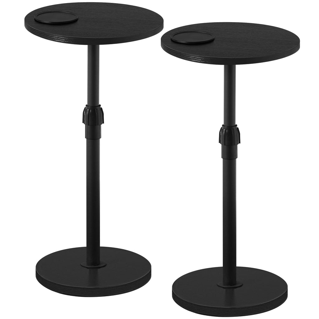 Set of 2 Small Round Side Table, Adjustable Height Drink Table, Pedestal Side Table with LED Light and Cup Mat, Coffee Martini Table, for Small Spaces, Rustic Brown and Black ETHR32E01S2