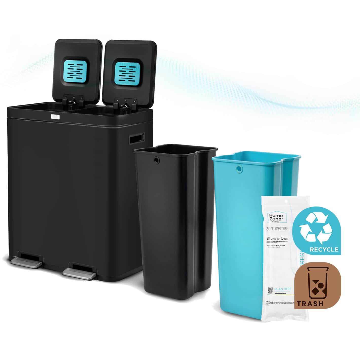 Home Zone Living 19 Gallon Kitchen Trash Can with Dual Compartments for Recycling, CleanAura Odor Control, Stainless Steel, Matte Black, 70 Liters Total
