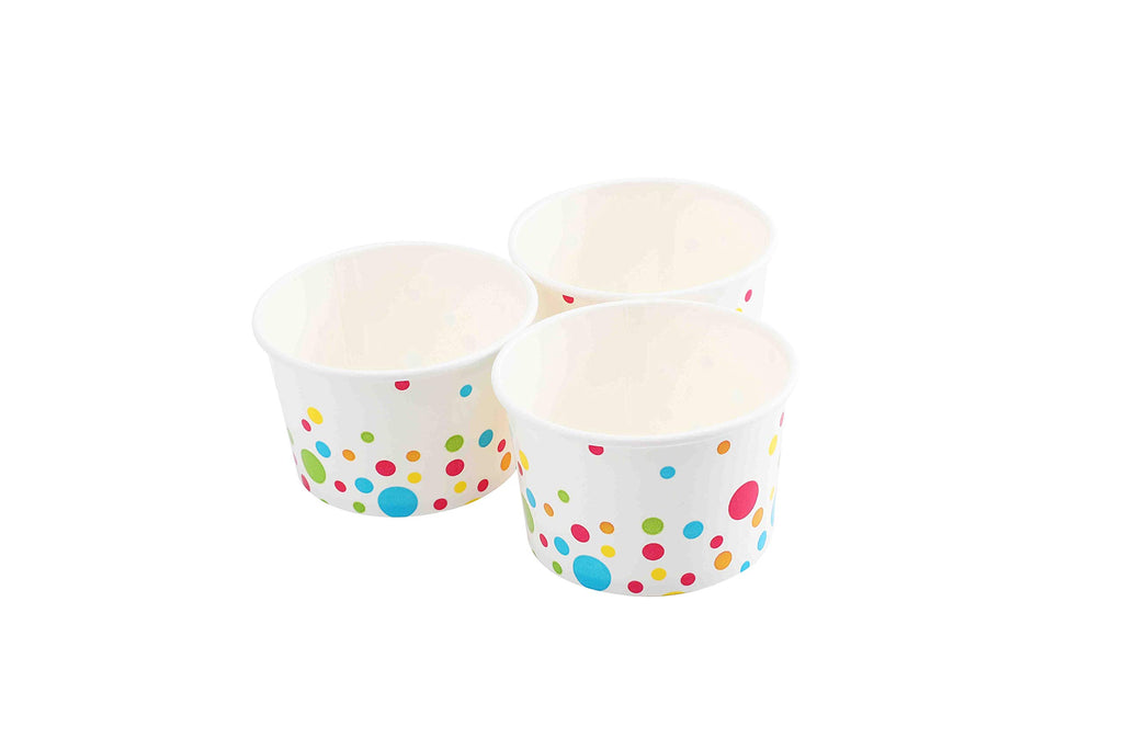 GSM Marken Papier-Eisbecher (Punkte-Design) - 100 Stück - 8 oz Einweg-Dessertschalen für heiße oder kalte Speisen, 8-Unzen Partybedarf Becher für Eisbecher, gefrorenen Joghurt, Suppe, Weiß