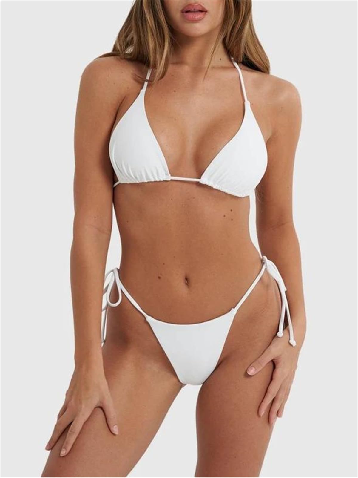 Alyweatry Women 2 Pieces Bikini Swimsuit Spaghetti Strap Top Tie Side Triangle G-Thong Bathing Suit Swimwear (A-White, S)