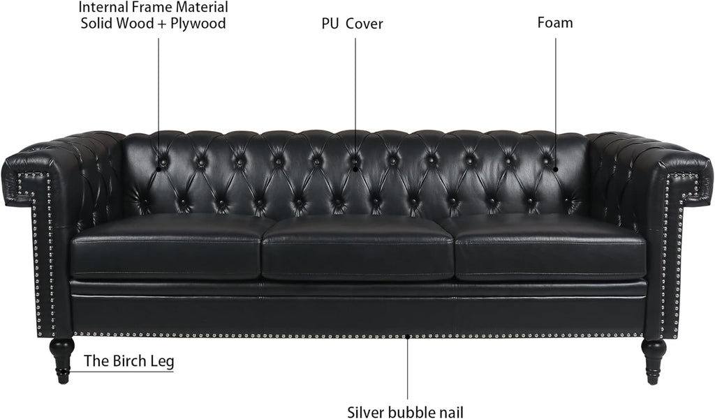 Ball & Cast 83" Chesterfield Leather Sofa with Channel Tufted Seat Back,Removable Square Arm Nailhead Trim Classic 3 Seater Couch,Mid Centuryfor Living Room,Bedroom,Office,Black PU