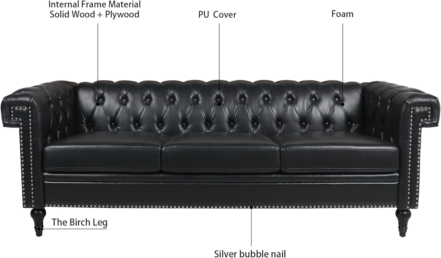 Ball & Cast 83" Chesterfield Leather Sofa with Channel Tufted Seat Back,Removable Square Arm Nailhead Trim Classic 3 Seater Couch,Mid Centuryfor Living Room,Bedroom,Office,Black PU