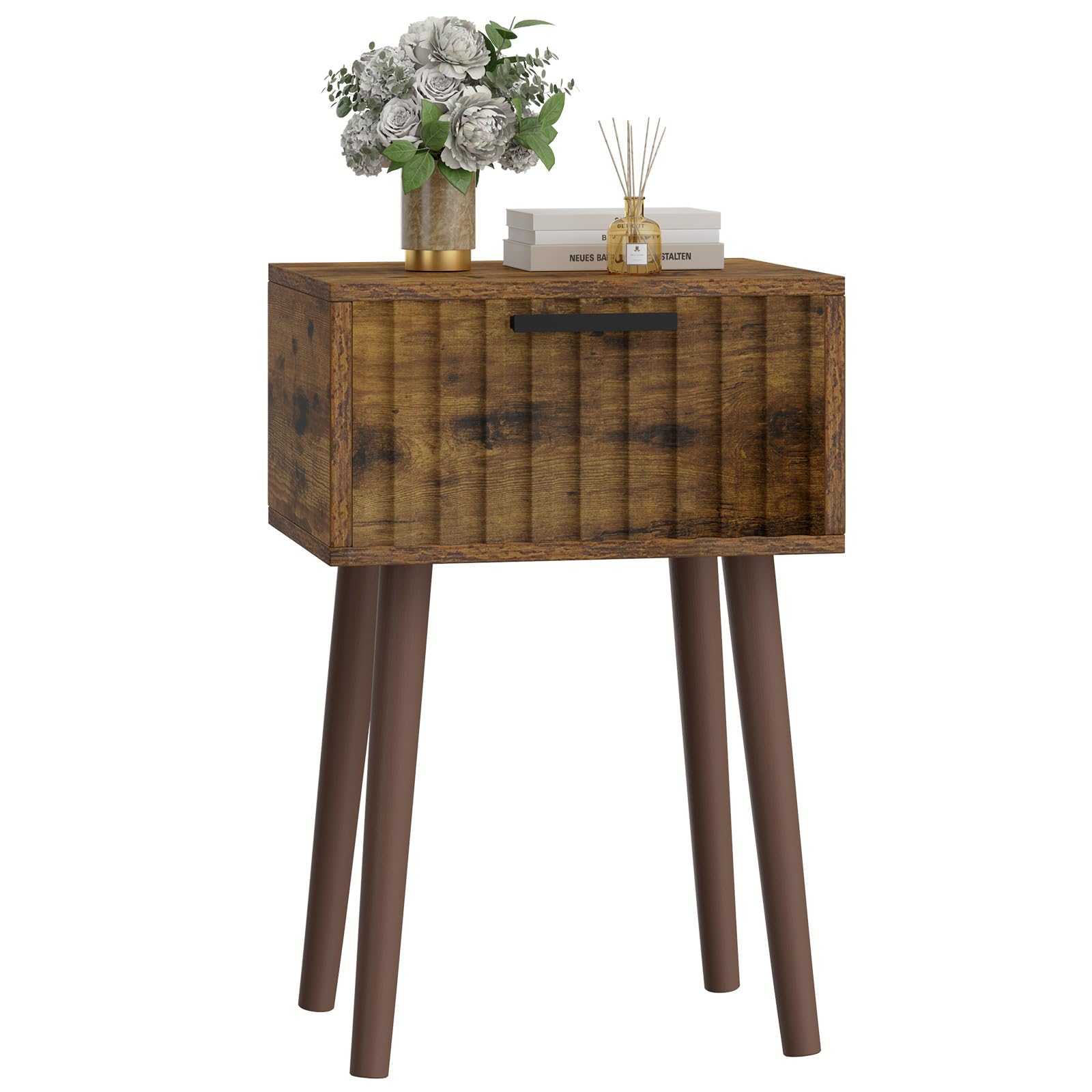 YMYNY Fluted Nightstand, Small End Table, Modern Coffee Table with Drawer, Solid Wood Legs, 13.8" x 10.6" x 20.9", for Bedroom and Small Spaces, Rustic Brown UHST014H-2
