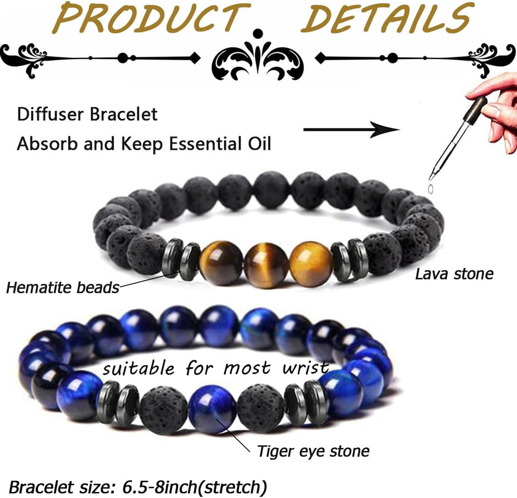 MOZAKA 12Pcs 8mm Natural Stone Lava Rock Beaded Bracelets for Men Women Tiger Eye Hematite Black Onyx Matte Beads Essential Oil Diffuser Lava Stone Bead Bracelets Bulk