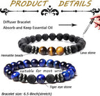 MOZAKA 12Pcs 8mm Natural Stone Lava Rock Beaded Bracelets for Men Women Tiger Eye Hematite Black Onyx Matte Beads Essential Oil Diffuser Lava Stone Bead Bracelets Bulk