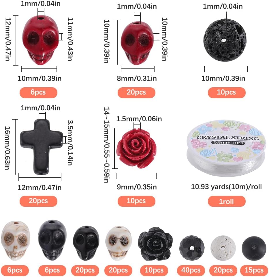 SUNNYCLUE 203Pcs Halloween Skull Beads Skeleton Charms Bulk Natural Lava Rock Synthetic Turquoise Black Stone Cross Flower Rose Spacer Beads for Jewelry Making Bracelets Necklaces DIY Crafts