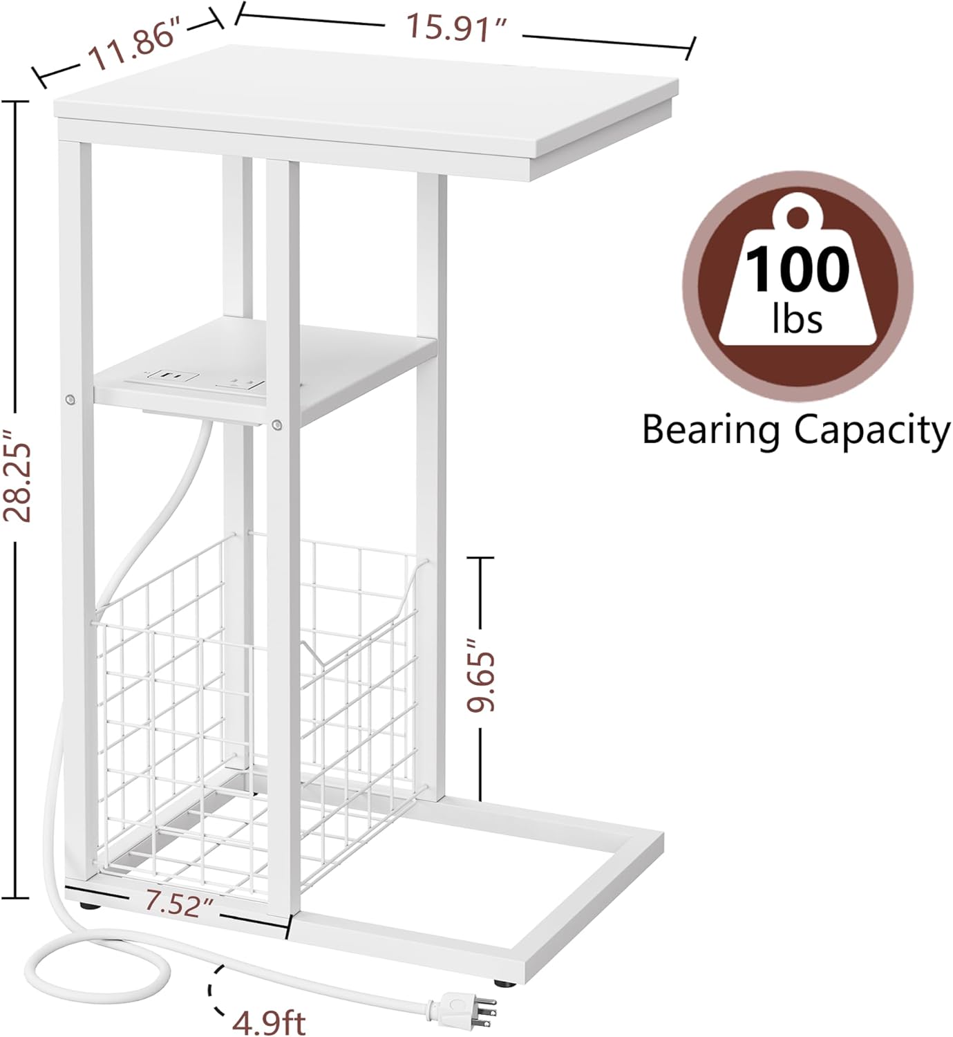 Vagusicc C Shaped End Table with Charging Station, Side Table for Couch, Small Side End Table for Small Spaces, 28" High Slide Under Sofa Table for Coffee, Tv Tray Table for Living Room, White
