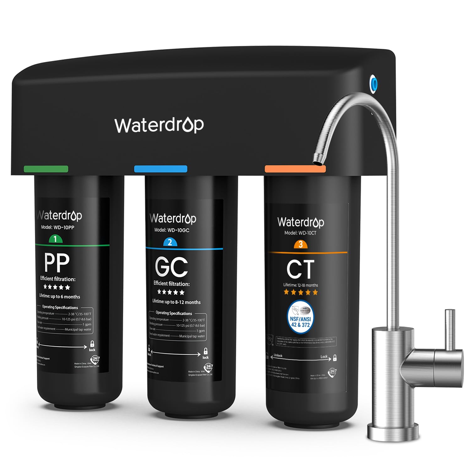 Waterdrop WD-TSA-UF 0.01 μm Ultra Filtration Under Sink Water Filter, Under Sink Water Filtration System 9 Stage Filtration, Reduces Chlorine, Taste and Odor, Fluoride, Advanced USA Tech
