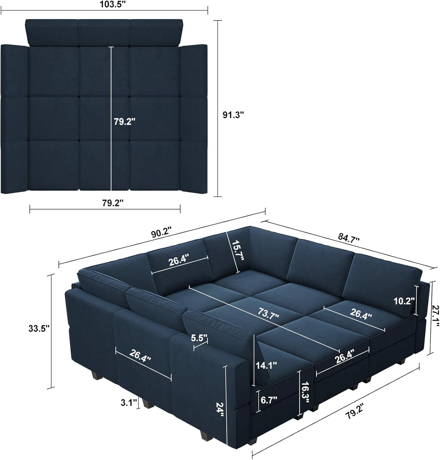 Belffin Modular Sectional Sofa with Ottomans Velvet Reversible Sleeper Sectional Sofa with Chaise Modular Sleeper Sofa Bed with Storage Seat Blue