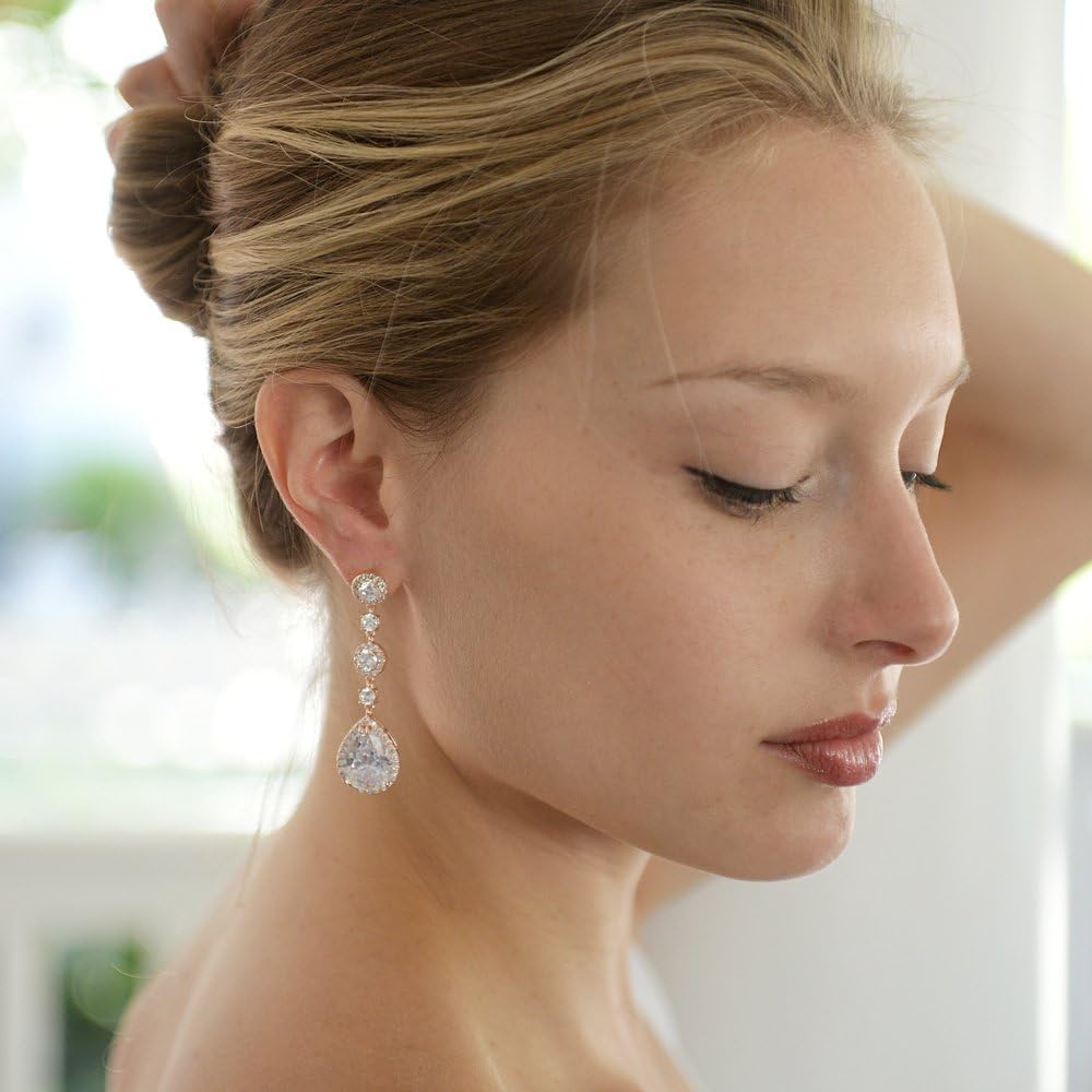 Mariell Pierced or Clip-On Silver, Gold or Rose Gold CZ Dangle Drop Earrings for Women, Brides, Wedding