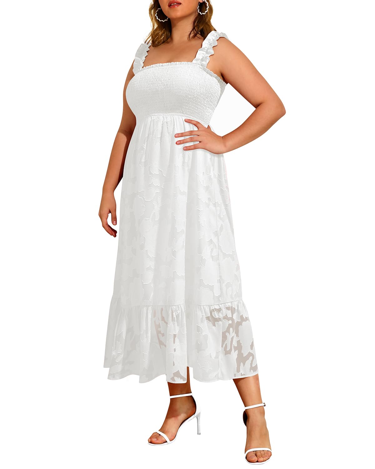 پیراهن ماکسی تابستانی سفید سایز بزرگ زنانه با بندهای نازک گل‌دار، کژوال، ساحلی، چین‌دار، بدون آستین، بلند و روان