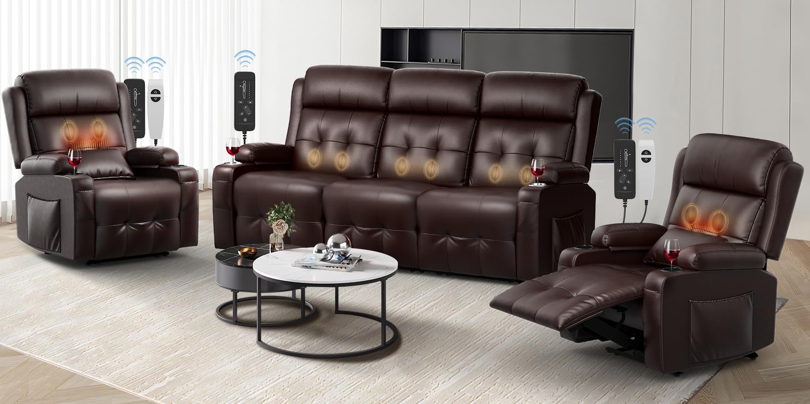 Recliner Sofa, Massage Reclining 3 Seater Sofa Sets Heavy Weight Capacity, RV Loveseat Clearance with Storage, Cup Holders, Wall Hugger Couches for Living Room