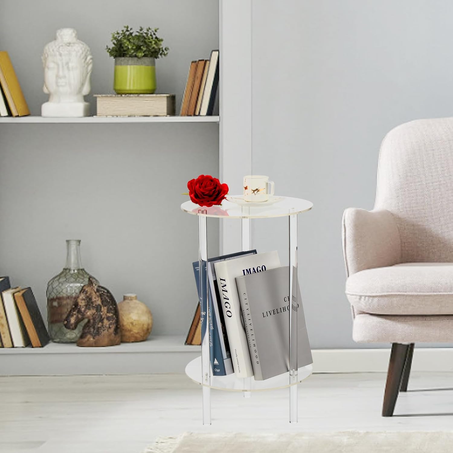 Acrylic Detachable End Table, Round Acrylic Coffee Table, 2 Tier Multifuntional Clear Nightstand End Table for Small Spaces, Detachable Beside Table for Living Room, Bedroom, Study Room, 12"