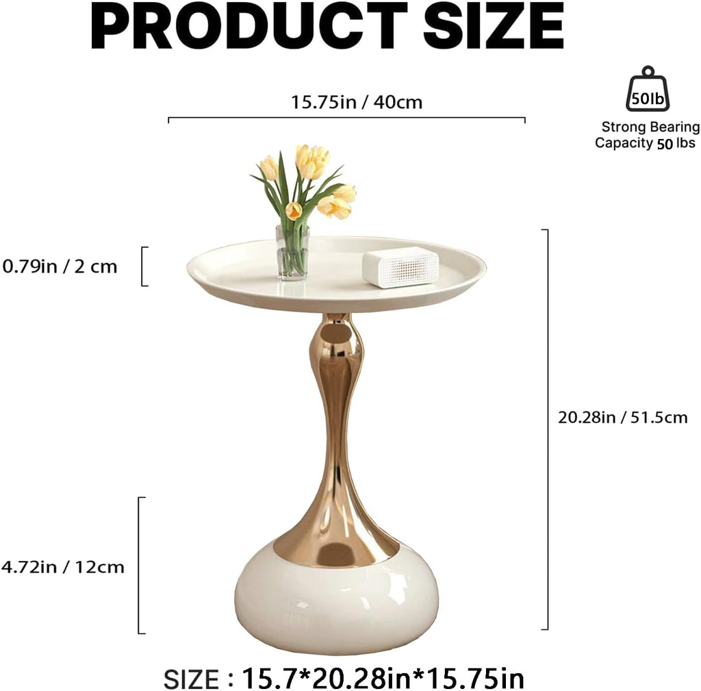 Modern Round Side Table with Gold Pedestal Base, Black Metal Top, Accent End Table for Living Room (White)