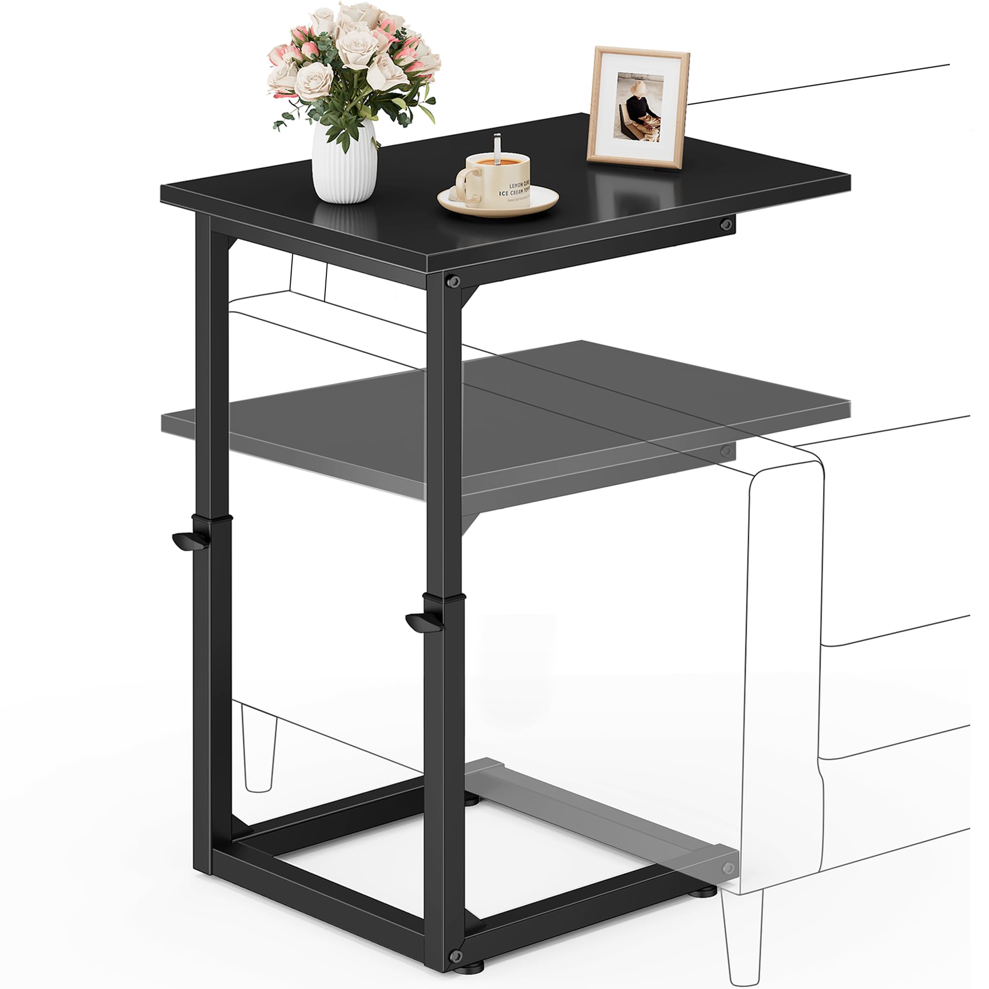 Vagusicc C Shaped End Table, 33" Tall Couch Table Adjustable Height Side Table, Sofa Table That Slide Under, C Table End Table TV Tray Coffee Arm Table for Living Room, Bedroom, Small Spaces, Brown