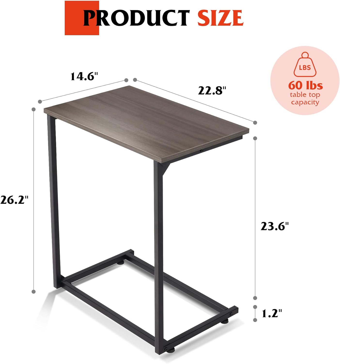 WLIVE C Shaped End Table, Small Couch Side Table for Coffee & Snack, Sofa Table That Slide Under for Living Room, Bedroom, 14.6 x 22.8 x 26.3 Inches, Grey